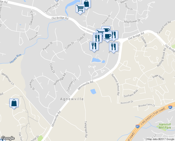 map of restaurants, bars, coffee shops, grocery stores, and more near 12844 Mill House Court in Woodbridge