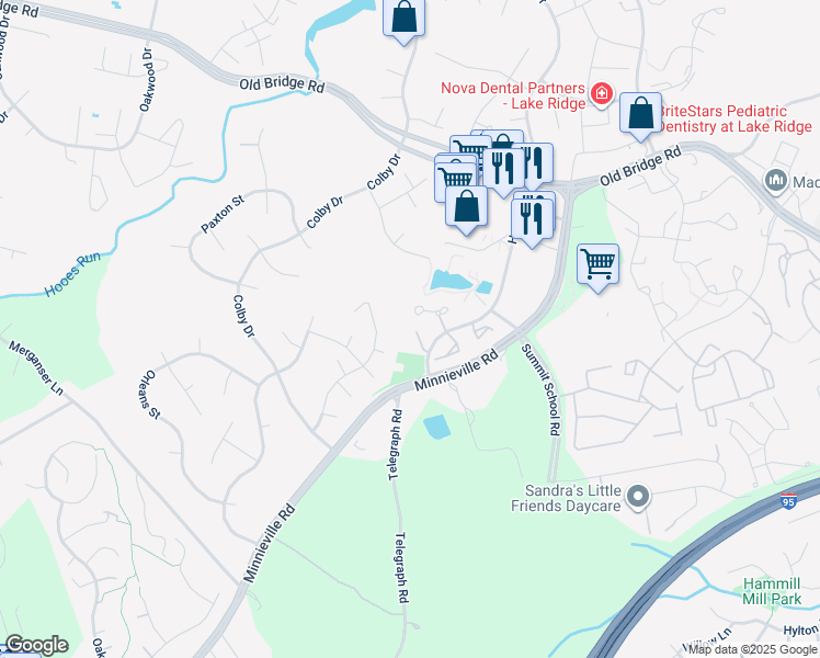 map of restaurants, bars, coffee shops, grocery stores, and more near 12844 Mill House Court in Woodbridge