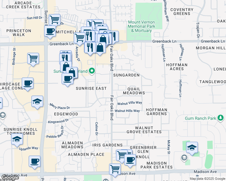 map of restaurants, bars, coffee shops, grocery stores, and more near 12202 Fair Oaks Boulevard in Fair Oaks