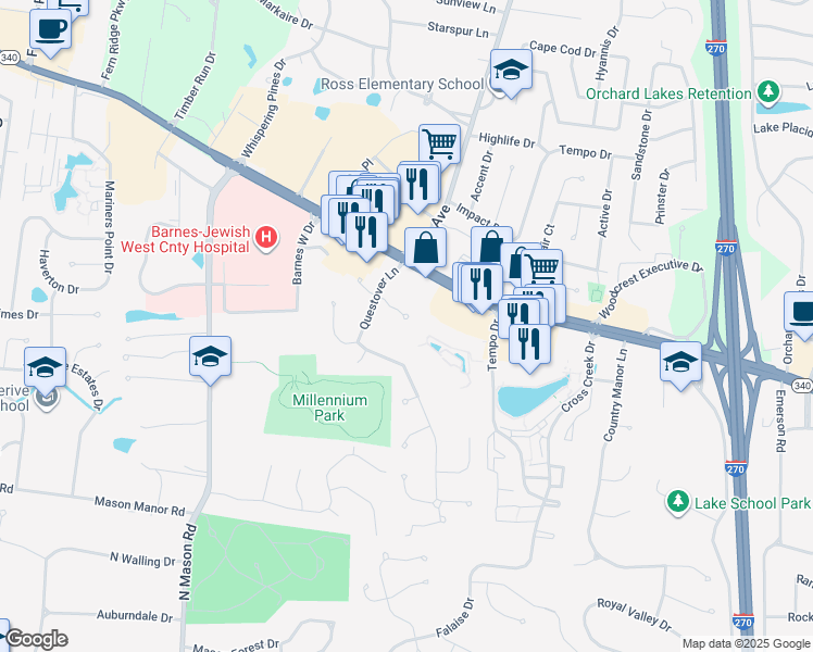 map of restaurants, bars, coffee shops, grocery stores, and more near 12400 Questover Manor Court in Creve Coeur