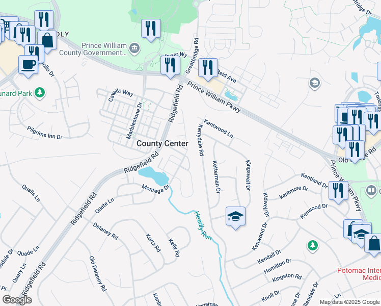 map of restaurants, bars, coffee shops, grocery stores, and more near 4709 Montega Drive in Woodbridge