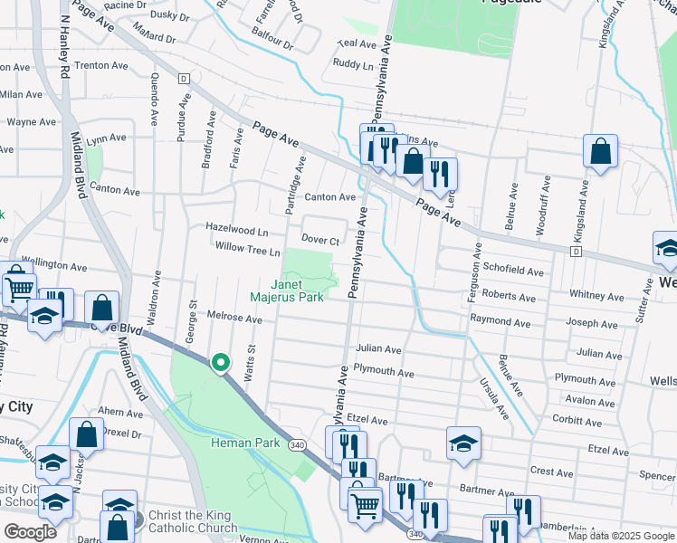 map of restaurants, bars, coffee shops, grocery stores, and more near 7018 Roberts Court in University City