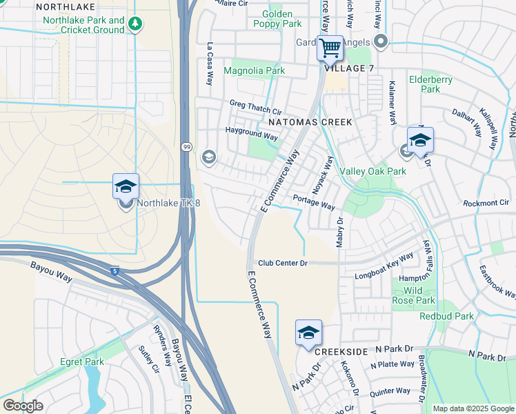 map of restaurants, bars, coffee shops, grocery stores, and more near 77 East Commerce Way in Sacramento