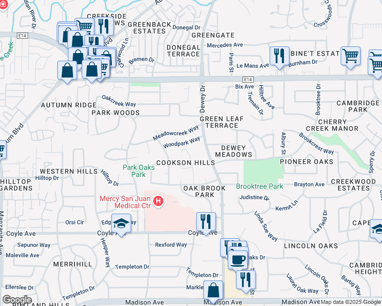 map of restaurants, bars, coffee shops, grocery stores, and more near 5915 Dewey Drive in Fair Oaks