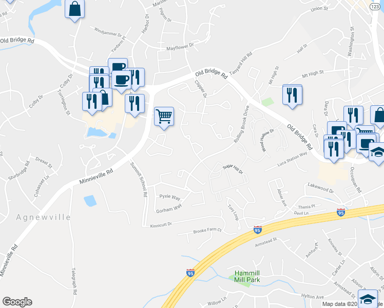 map of restaurants, bars, coffee shops, grocery stores, and more near 13054 Hunterbrook Drive in Woodbridge
