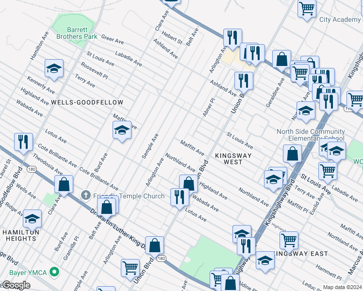 map of restaurants, bars, coffee shops, grocery stores, and more near 5368 Maffitt Avenue in St. Louis