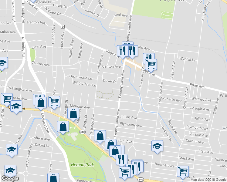 map of restaurants, bars, coffee shops, grocery stores, and more near 7018 Roberts Court in University City
