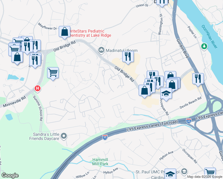 map of restaurants, bars, coffee shops, grocery stores, and more near 1723 Long Shadows Court in Woodbridge