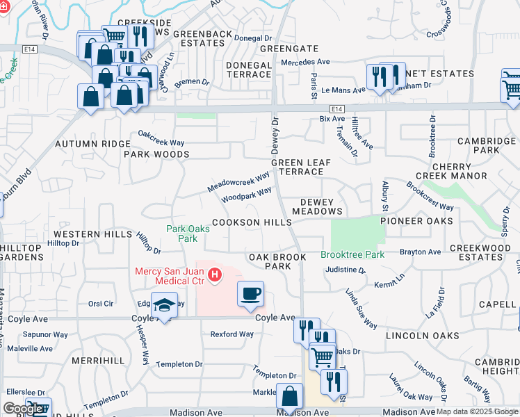 map of restaurants, bars, coffee shops, grocery stores, and more near 5915 Dewey Drive in Fair Oaks