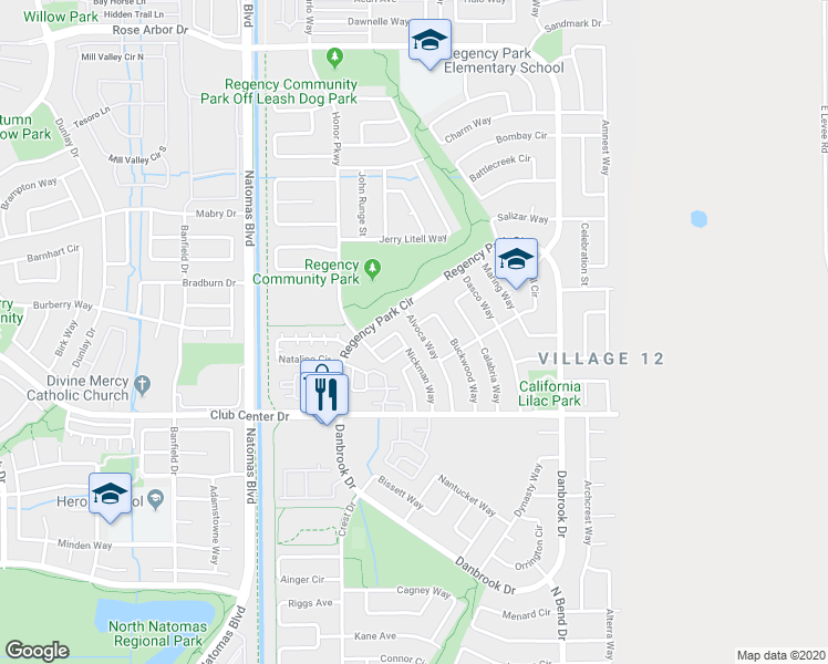 map of restaurants, bars, coffee shops, grocery stores, and more near 5412 Nickman Way in Sacramento