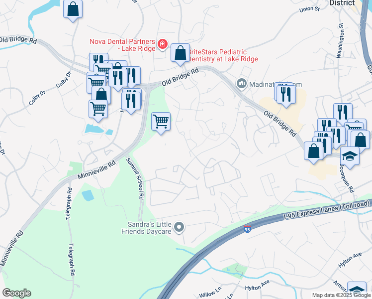 map of restaurants, bars, coffee shops, grocery stores, and more near 13054 Hunterbrook Drive in Woodbridge