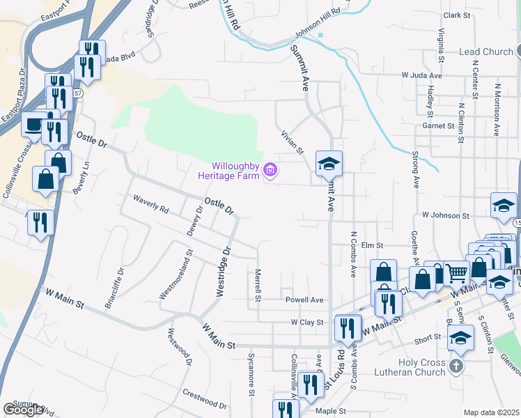 map of restaurants, bars, coffee shops, grocery stores, and more near 600 Ostle Drive in Collinsville