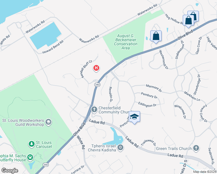 map of restaurants, bars, coffee shops, grocery stores, and more near 310 Renaldo Drive in Chesterfield