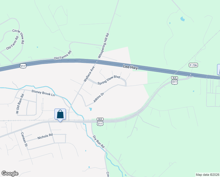 map of restaurants, bars, coffee shops, grocery stores, and more near Atkins Drive in Luray