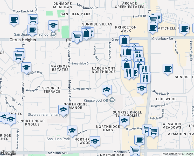 map of restaurants, bars, coffee shops, grocery stores, and more near 5912 Brittany Way in Citrus Heights