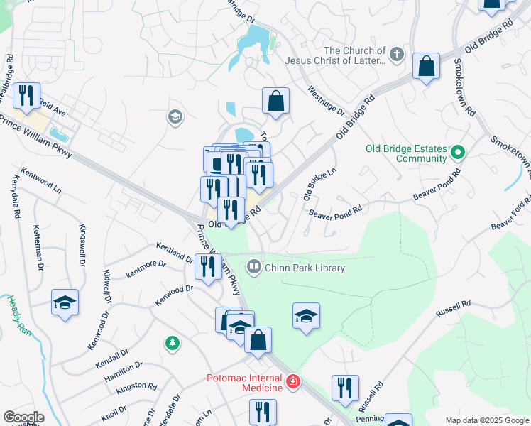 map of restaurants, bars, coffee shops, grocery stores, and more near 4087 Thackery Terrace in Woodbridge