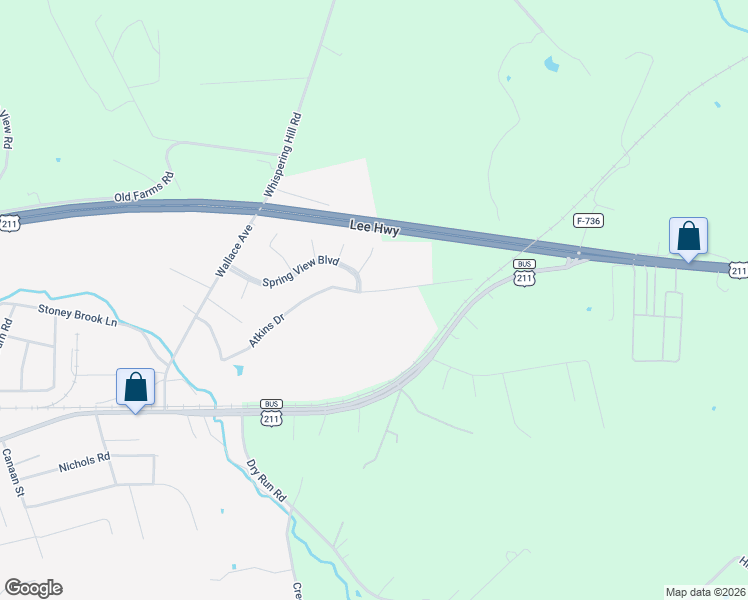map of restaurants, bars, coffee shops, grocery stores, and more near Atkins Drive in Luray