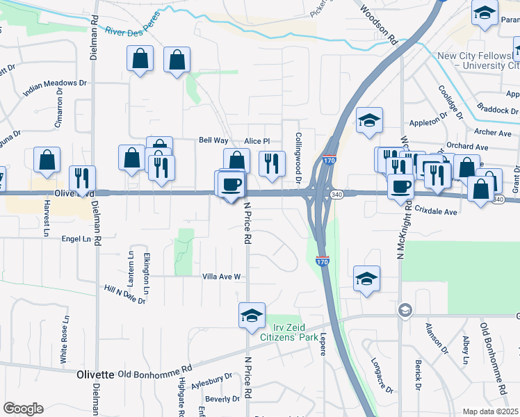 map of restaurants, bars, coffee shops, grocery stores, and more near Olive Crossing in Olivette