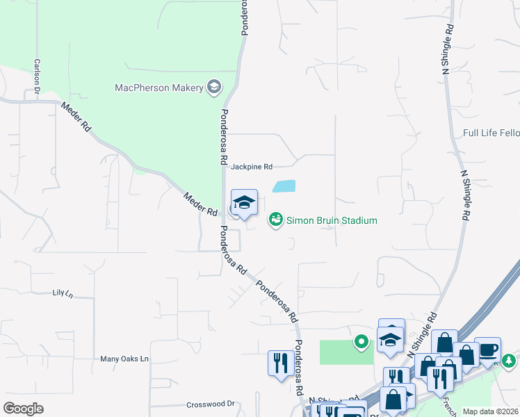 map of restaurants, bars, coffee shops, grocery stores, and more near 3661 Ponderosa Road in Shingle Springs