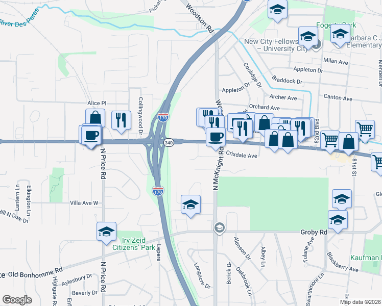 map of restaurants, bars, coffee shops, grocery stores, and more near 1176 Briscoe Place in St. Louis
