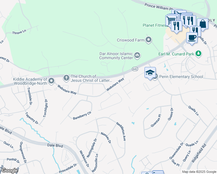 map of restaurants, bars, coffee shops, grocery stores, and more near 5602 Websters Way in Manassas