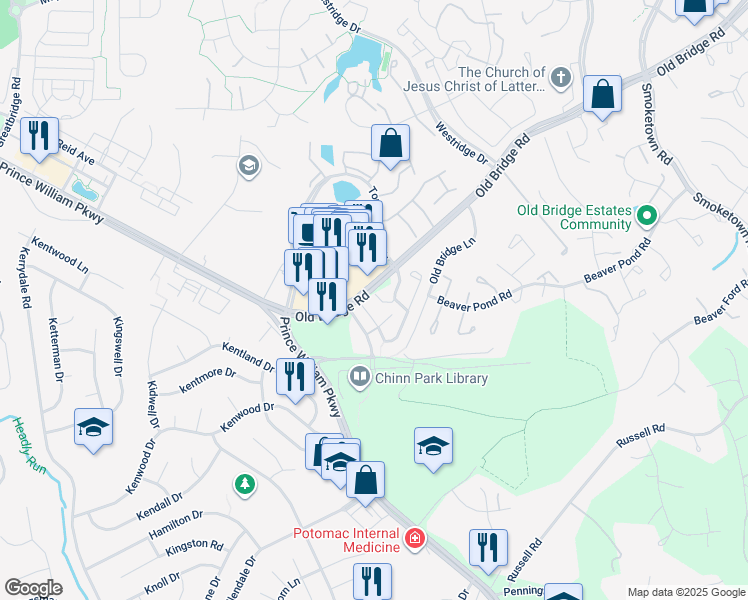 map of restaurants, bars, coffee shops, grocery stores, and more near 4089 Thackery Terrace in Woodbridge