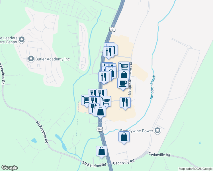 map of restaurants, bars, coffee shops, grocery stores, and more near 15802 Blue Star Memorial Hwy in Brandywine