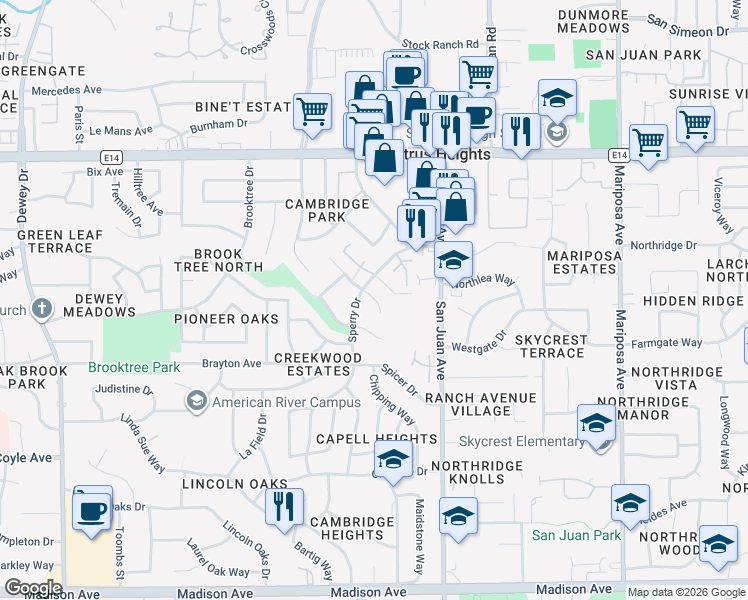 map of restaurants, bars, coffee shops, grocery stores, and more near 5824 Sperry Drive in Citrus Heights