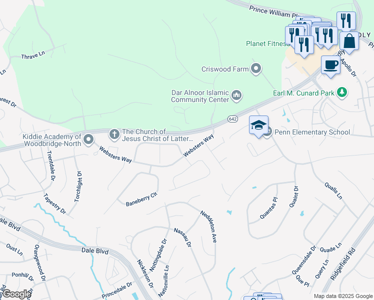 map of restaurants, bars, coffee shops, grocery stores, and more near 5602 Websters Way in Manassas