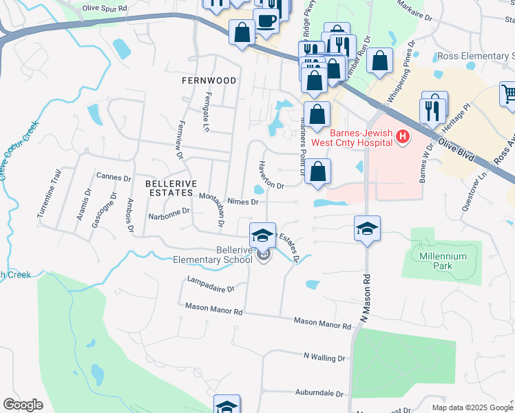 map of restaurants, bars, coffee shops, grocery stores, and more near 749 Beauvais Court in Creve Coeur