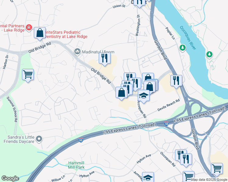 map of restaurants, bars, coffee shops, grocery stores, and more near 1645 Old Bridge Road in Woodbridge