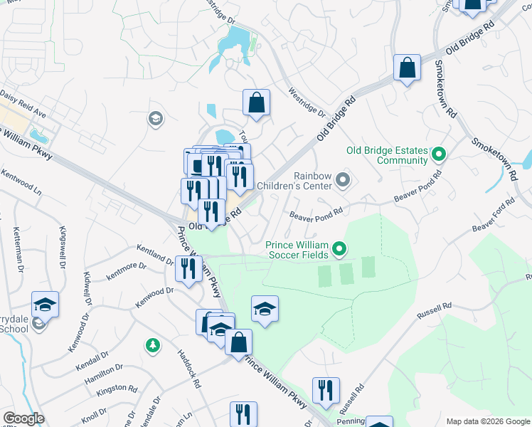 map of restaurants, bars, coffee shops, grocery stores, and more near 12905 Titania Way in Woodbridge