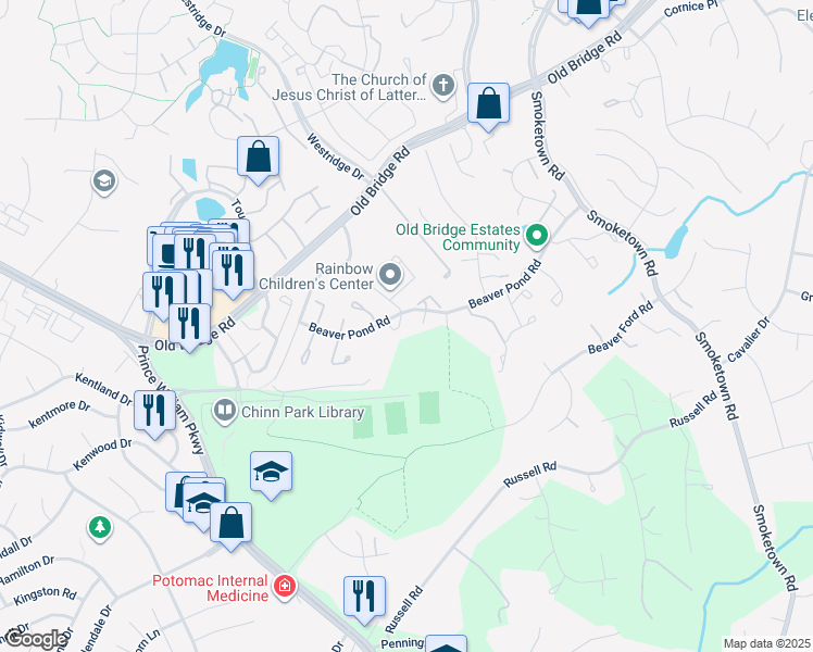map of restaurants, bars, coffee shops, grocery stores, and more near 12899 Bjork Lane in Woodbridge