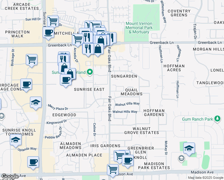 map of restaurants, bars, coffee shops, grocery stores, and more near 12202 Fair Oaks Boulevard in Fair Oaks