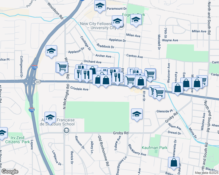 map of restaurants, bars, coffee shops, grocery stores, and more near 8314 Olive Boulevard in University City
