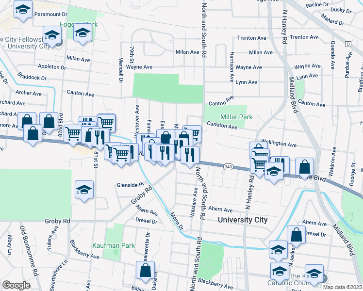 map of restaurants, bars, coffee shops, grocery stores, and more near 7733 Olive Boulevard in University City