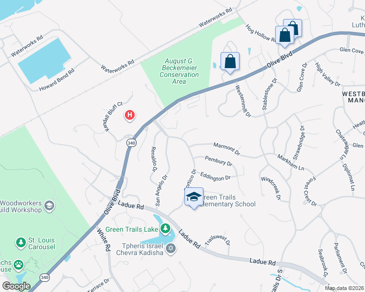 map of restaurants, bars, coffee shops, grocery stores, and more near 311 Portico Drive in Chesterfield