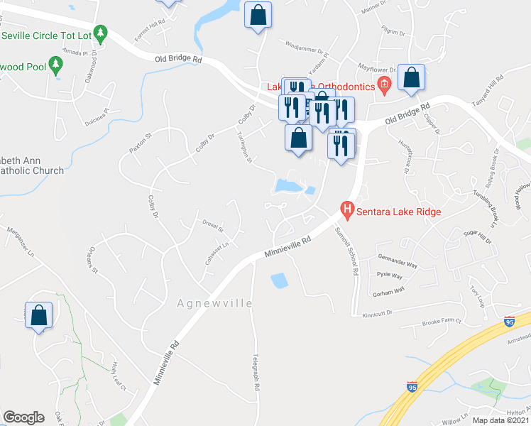 map of restaurants, bars, coffee shops, grocery stores, and more near 12849 Mill House Court in Woodbridge