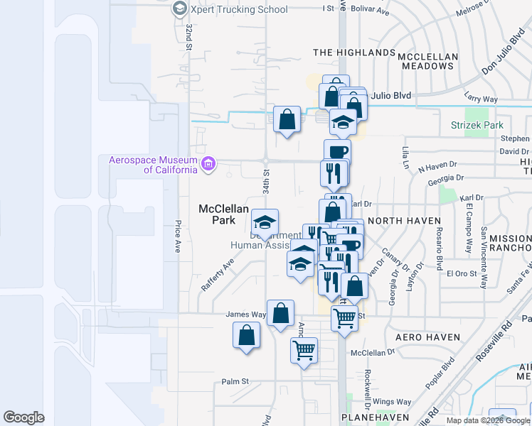 map of restaurants, bars, coffee shops, grocery stores, and more near 5836 Dudley Boulevard in McClellan Park