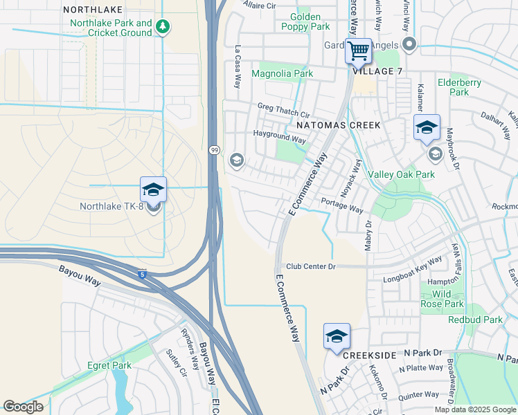 map of restaurants, bars, coffee shops, grocery stores, and more near 5301 East Commerce Way in Sacramento