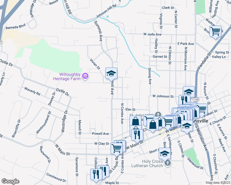 map of restaurants, bars, coffee shops, grocery stores, and more near 505 North Combs Avenue in Collinsville