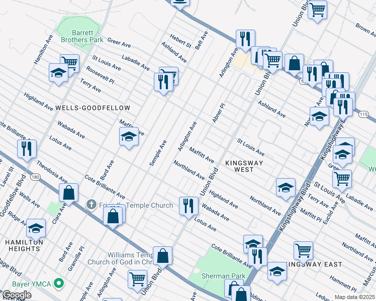 map of restaurants, bars, coffee shops, grocery stores, and more near 5368 Maffitt Avenue in St. Louis
