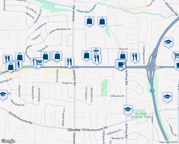map of restaurants, bars, coffee shops, grocery stores, and more near 9353 Llewellyn Lane in Olivette