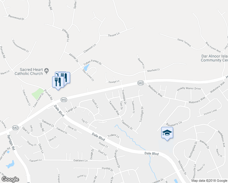 map of restaurants, bars, coffee shops, grocery stores, and more near 12941 Tonka Court in Woodbridge