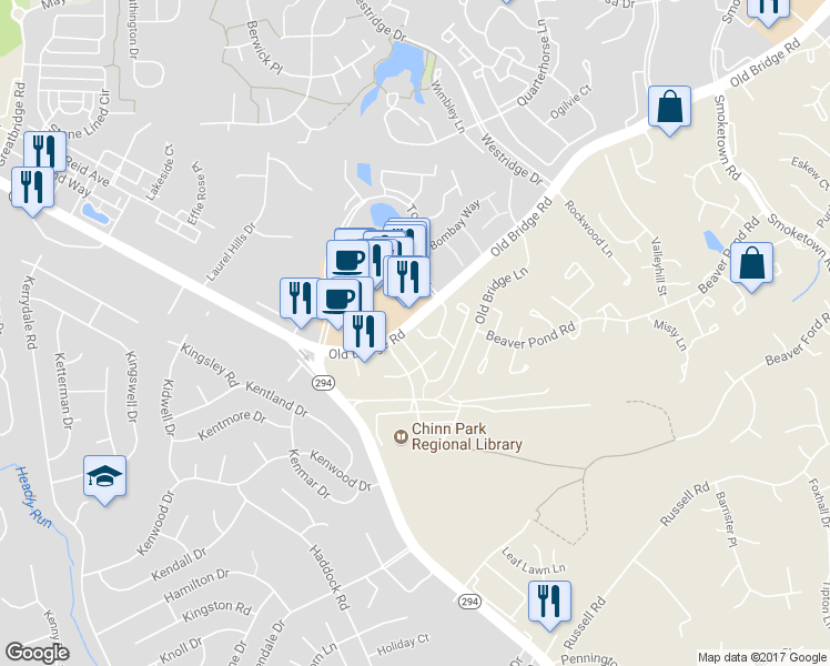 map of restaurants, bars, coffee shops, grocery stores, and more near 4091 Thackery Terrace in Woodbridge