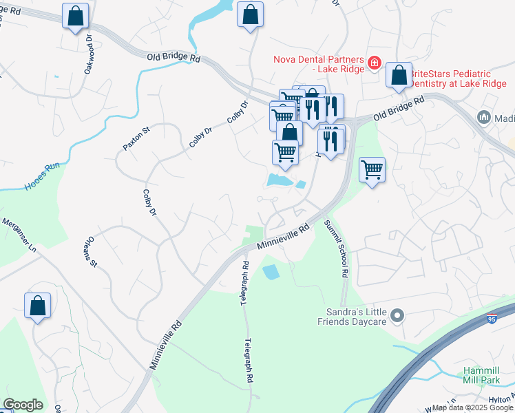 map of restaurants, bars, coffee shops, grocery stores, and more near 12849 Mill House Court in Woodbridge