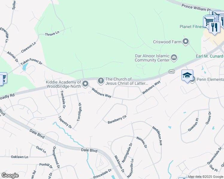 map of restaurants, bars, coffee shops, grocery stores, and more near 12849 Hoadly Manor Drive in Manassas