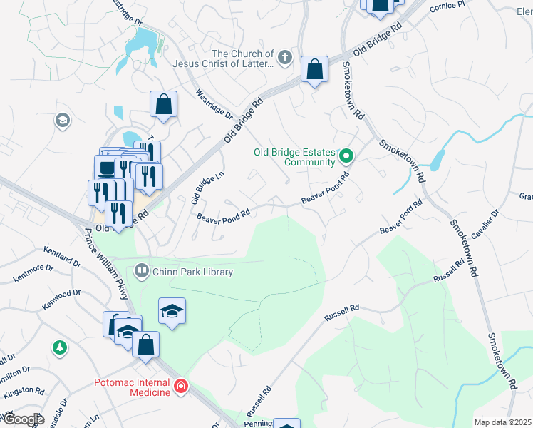 map of restaurants, bars, coffee shops, grocery stores, and more near 12940 Reese Court in Woodbridge