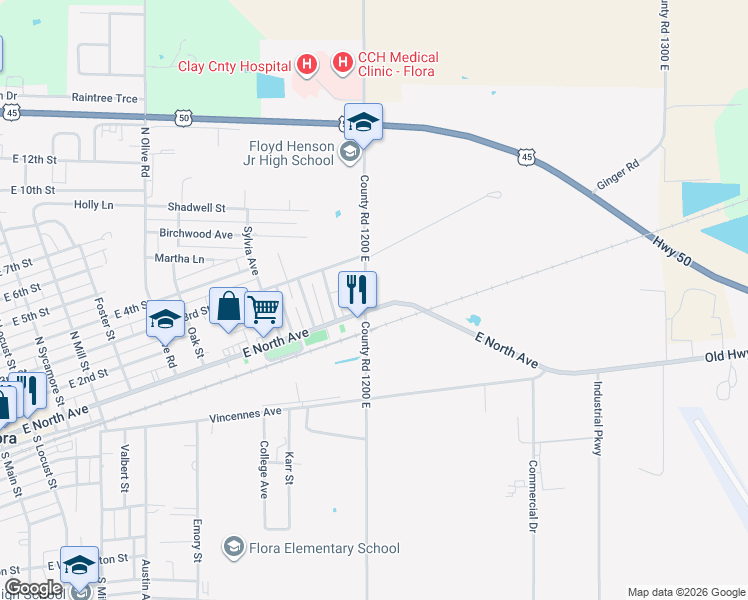 map of restaurants, bars, coffee shops, grocery stores, and more near County Road 1200 East in Flora