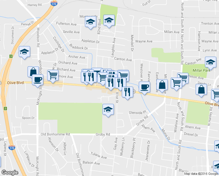 map of restaurants, bars, coffee shops, grocery stores, and more near 8116 Olive Blvd in St Louis